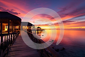 Sumptuous Maldives sunset, water villas, and golden sand, vacation perfection