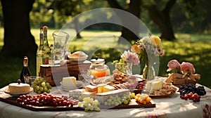 A sumptuous picnic setup for a corporate retreat, replete with sophisticated food and drink options