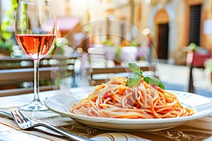 Sumptuous Plate of Spaghetti With Tomato Sauce and Basil in a Sunny Italian Street Caf