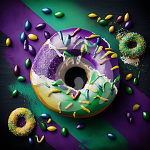 sweet purple and green icing on a ring donut, with sprinkles. style of mardi gras. created with generative ai tools.