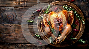 Sumptuous Roasted Chicken on a Wooden Table for Family Dinner. Ideal for Holiday Feast. Rustic Style Photography for