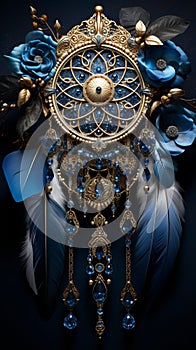 A sumptuous sapphire dream catcher, replete with velvet feathers and tiny
