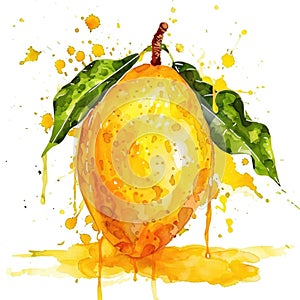 A sumptuous watercolor painting of a mango with a splash effect