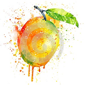 A sumptuous watercolor painting of a mango with a splash effect