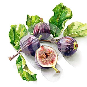 A sumptuous watercolor still life of figs, whole and halves photo