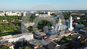 The Sumy city center dictrict Ukraine aerial evening view.