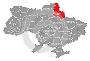 Sumy red highlighted in map of the Ukraine