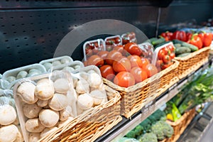 Sumy, Ukraine - December 21, 2023: Meat products store. Sausages on display at a grocery store