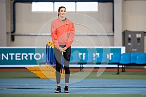 SUMY, UKRAINE - FEBRUARY 22, 2020: announcing Yaroslava Mahuchikh in final high jump contest at Ukrainian indoor track and field