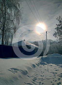 The sun is above the rural house, standing on the edge of the winter oak forest.