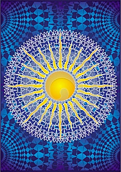 The sun against the background of an elegant openwork maelegant mandalas on a mandala background with aum, om, ohm sign in center.