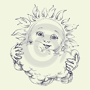 Sun as cartoon character holding clouds