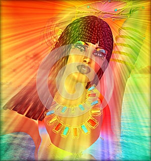 Sun beams illuminate an Egyptian woman in a spiritual digital art scene by the water.