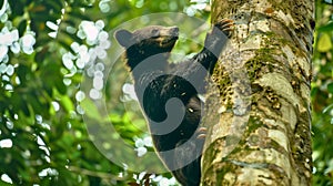 A sun bear is climbing a tree