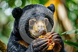 A sun bear is eating honey from a hive