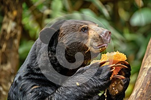 Sun bear enjoying honey feast from forest hive