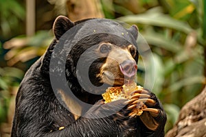 Sun bear feasting on delicious honey from a forest hive