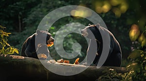 two sun bears are playing together in the forest photo