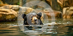 A sun bear is swimming in a river