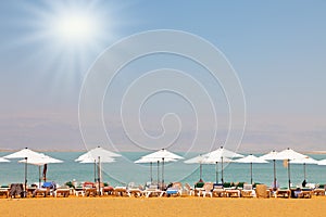 Sun beds on the Dead Sea