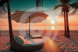 Sun beds and umbrella under palm tree. Tropical sunset twilight scenery beach resort hotel. Generative AI.