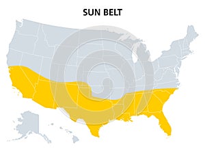 Sun Belt of the United States, region of the southernmost states, map