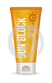 Sun block cream, oil and lotion containers. Sun protection and suntan cosmetics isolated on white background.