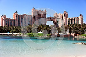 Sun, blue sky and puffy clouds at Atlantis hotel, Paradise Island, Bahamas