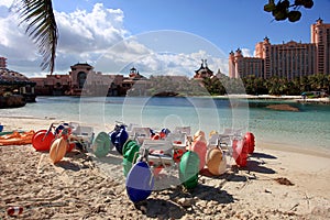 Sun, blue sky and puffy clouds at Atlantis hotel, Paradise Island, Bahamas