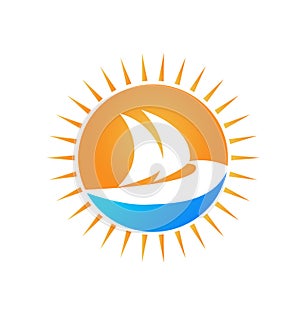 Sun and boat beach vacation travel concept logo vector