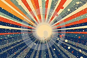 Sun burst in retro style with grungy dots. Vintage sun rays background..