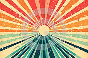 Sun burst in retro style with grungy dots. Vintage sun rays background..