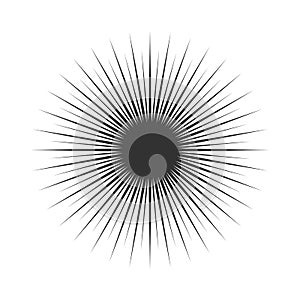 Sun burst, star burst sunshine black icon. Radiating from the center of thin beams, lines. Vector illustration. Design element for