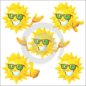 Sun cartoon character with green sunglasses set