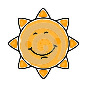 The sun in the cartoon style smiles, laughs and squints his eyes