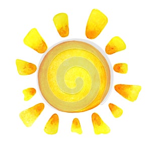 Sun cartoon watercolor. Children`s illustration of the sun drawn by hand.