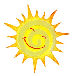 Sun cartoon watercolor. Children`s illustration of the sun drawn by hand.