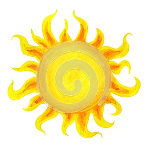 Sun cartoon watercolor. Children`s illustration of the sun drawn by hand.