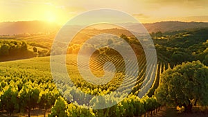 The sun casts a warm and golden glow as it sets over a picturesque vineyard, creating a stunning scene, Sun setting over a