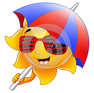 Sun character cartoon with sunglasses and umbrella