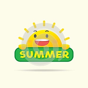 Sun character on the summer tag heading design for banner or poster. Vector illustration.