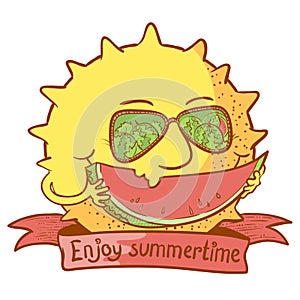 Sun character with watermelon