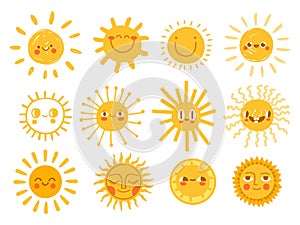 Sun characters. Cartoon sunshine emoji with funny faces. Children nursery decoration with sunny day designs. Kid happy