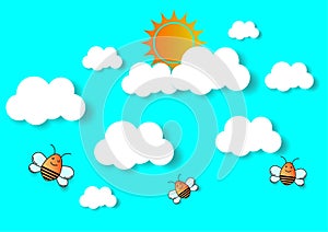 Sun and cloud with bee, cuted paper design. vector illustration