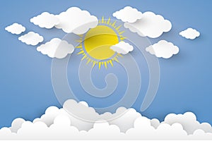 The sun and Cloud in blue sky Paper art Style.vector Illusatrat