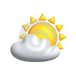 Sun with cloud floats in the sky. 3d vector icon. Cartoon minimal style