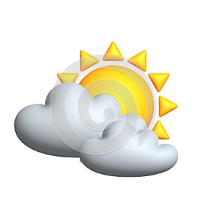 Sun with cloud floats in the sky. 3d vector icon. Cartoon minimal style