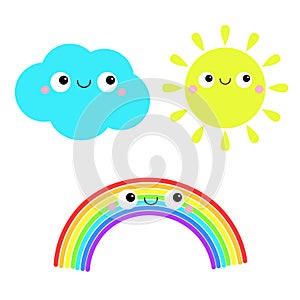 Sun, cloud, rainbow icon set. Cute cartoon kawaii funny baby character. Baby collection. Smiling face emotion. Flat design. Pastel