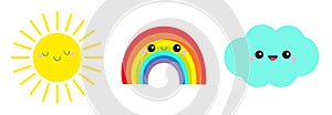 Sun, cloud, rainbow icon set line. Cute cartoon kawaii funny baby character. Smiling face emotion. Baby charcter collection. Flat