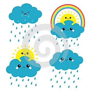 Sun, cloud, rainbow, rain set. Smiling sad face. Rain drop weather. Friends forever. Fluffy clouds. Cute cartoon cloudscape.